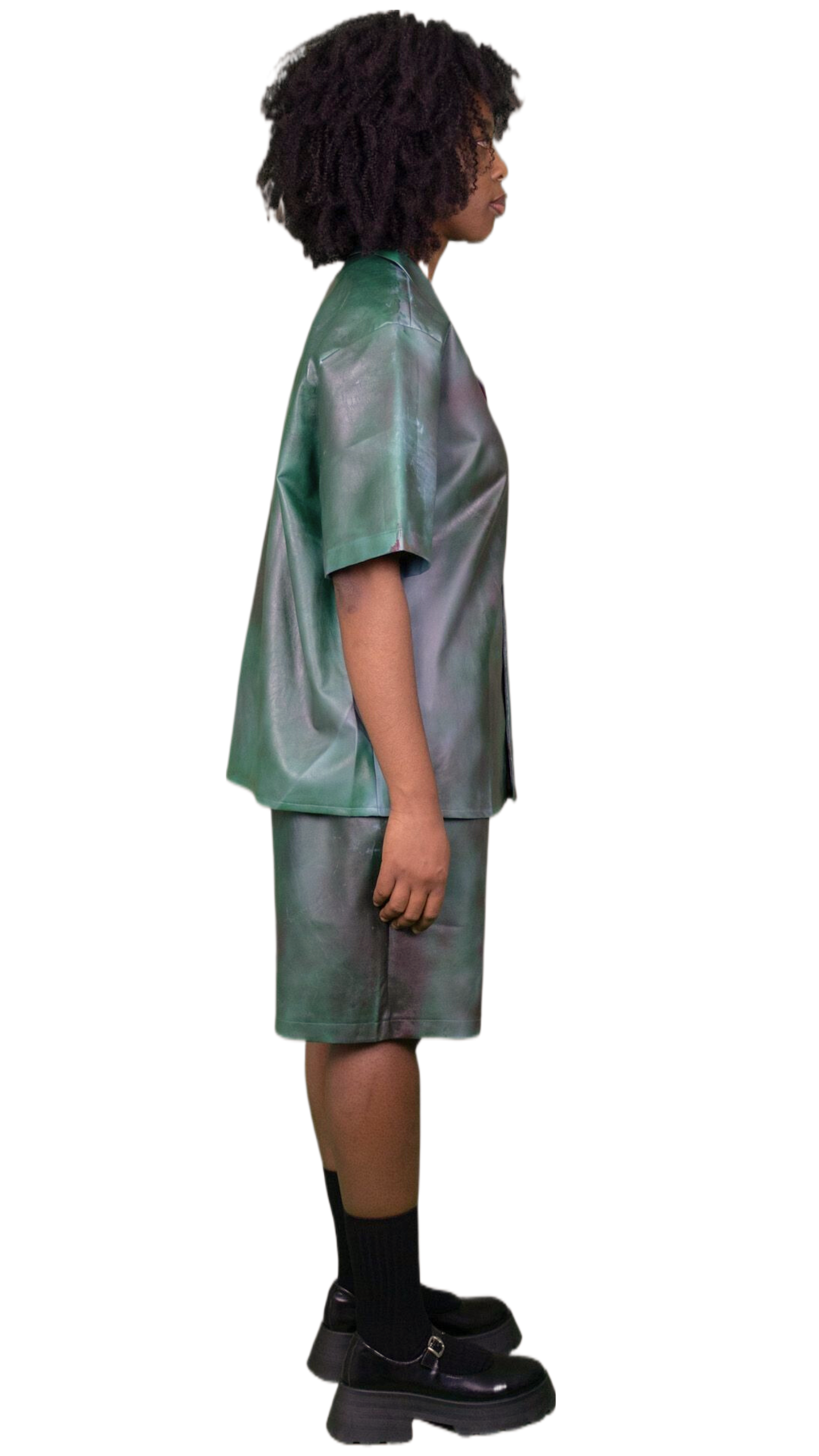 Sprayed print vegan leather shirt in green/brown - PHILADELPHIA