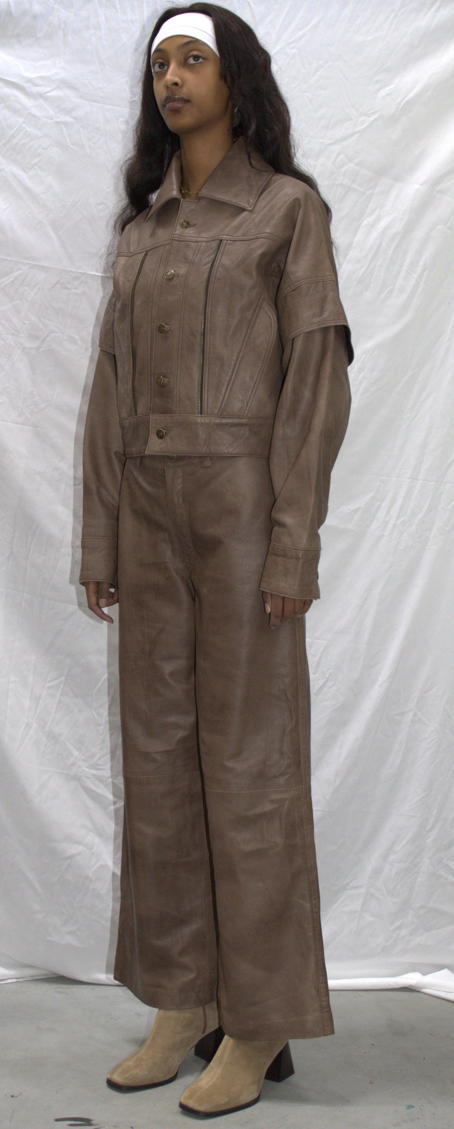Overlay leather jacket in beige - KOSTANAI