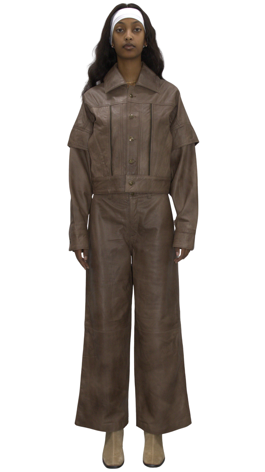 Overlay leather jacket in beige - KOSTANAI