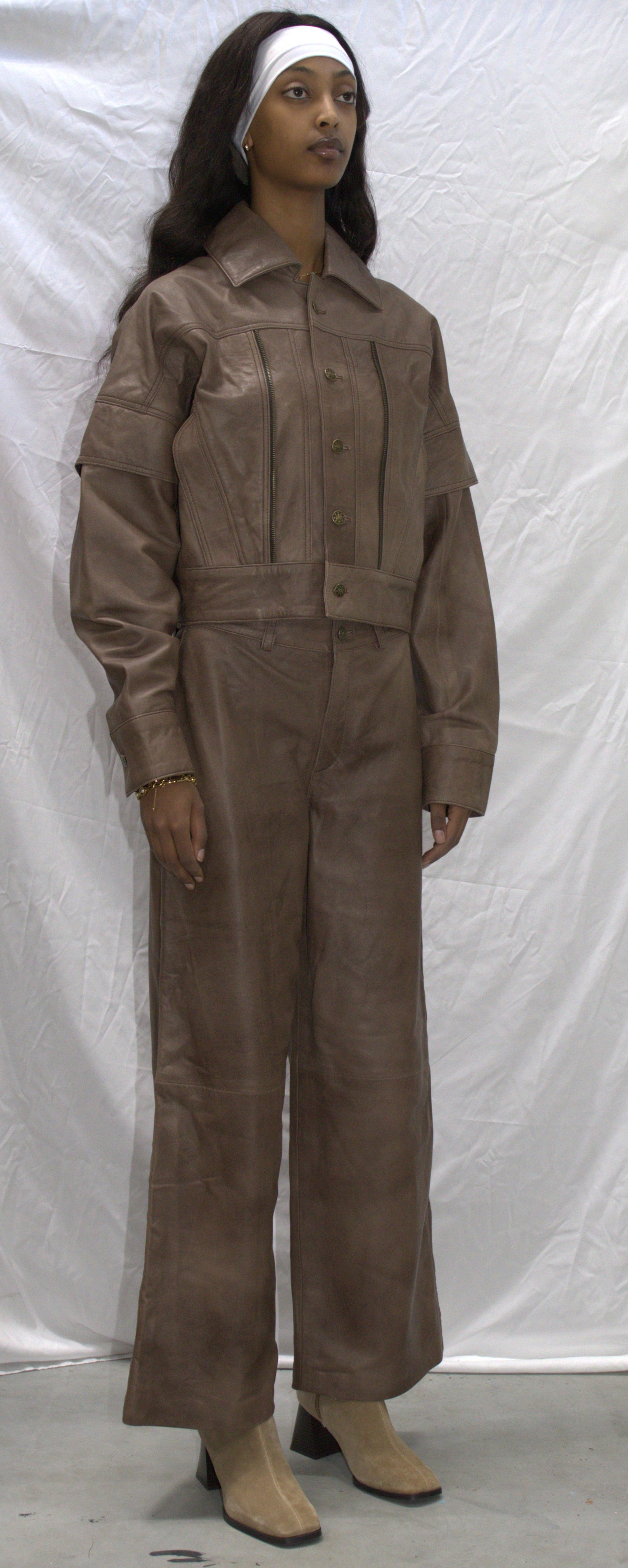 Overlay leather jacket in beige - KOSTANAI