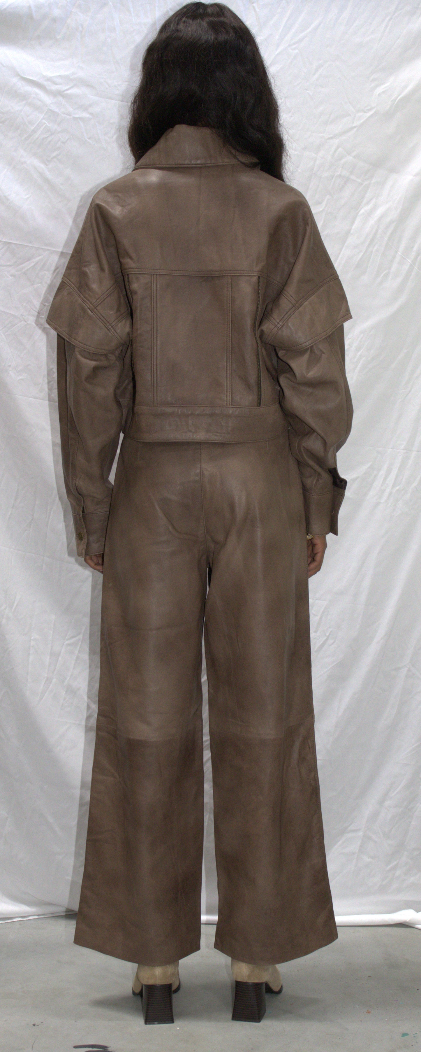 Overlay leather jacket in beige - KOSTANAI