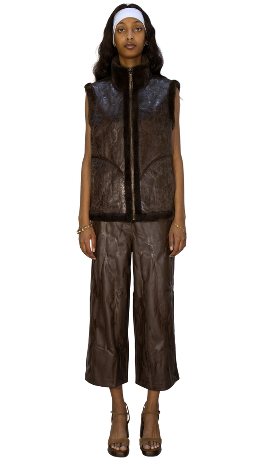 Distressed leather vest in brown - KARAGANDA