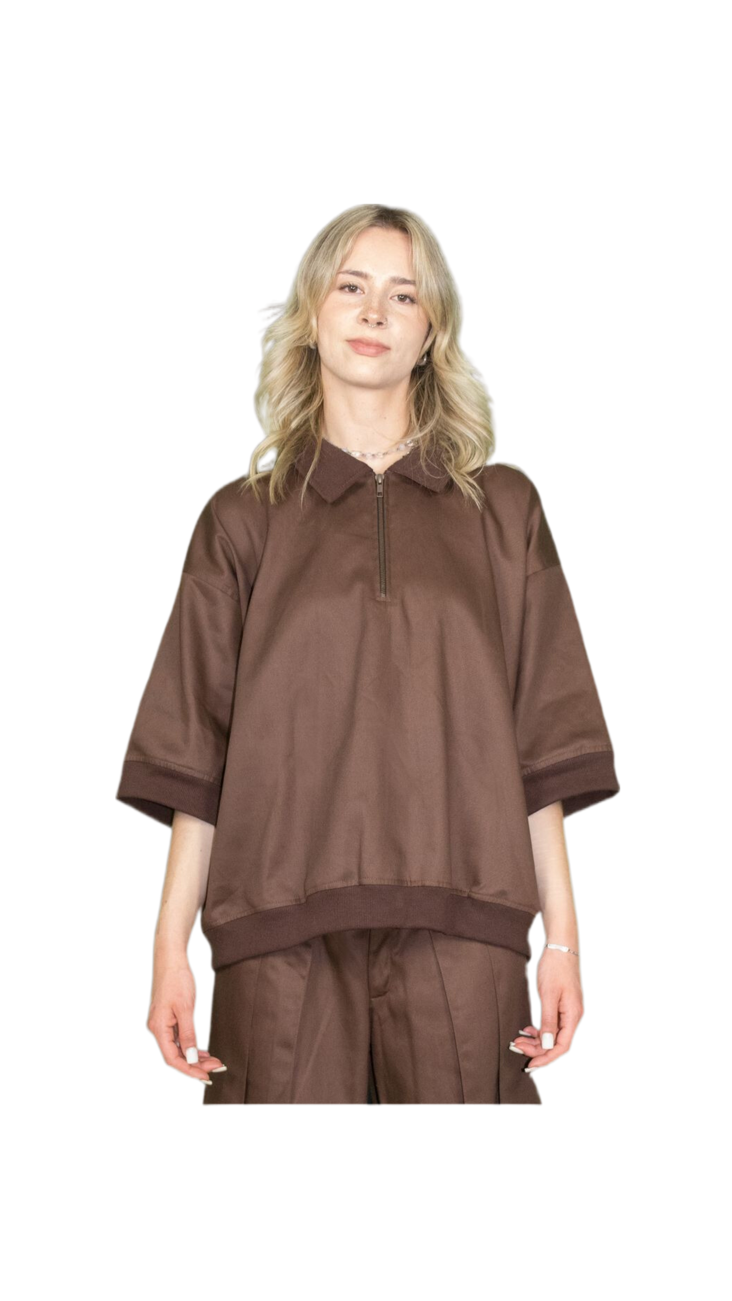 Oversized polo shirt with vintage zip in brown - BOCKENHEIM