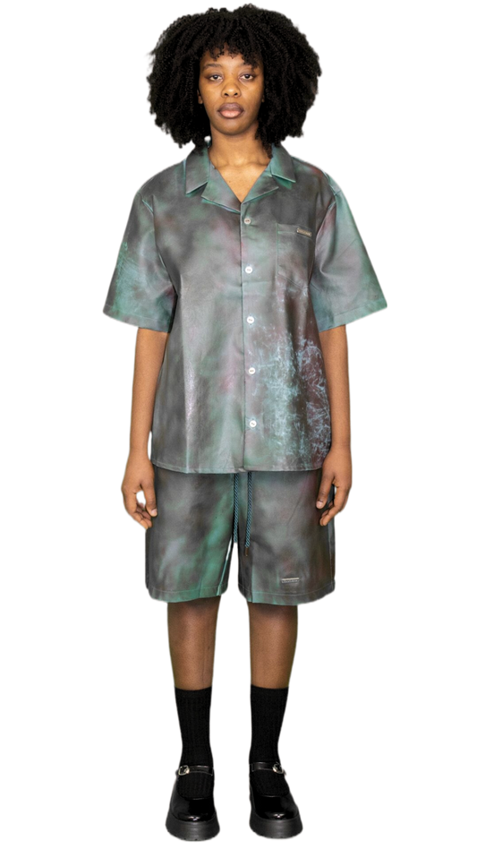Sprayed print vegan leather shirt in green/brown - PHILADELPHIA