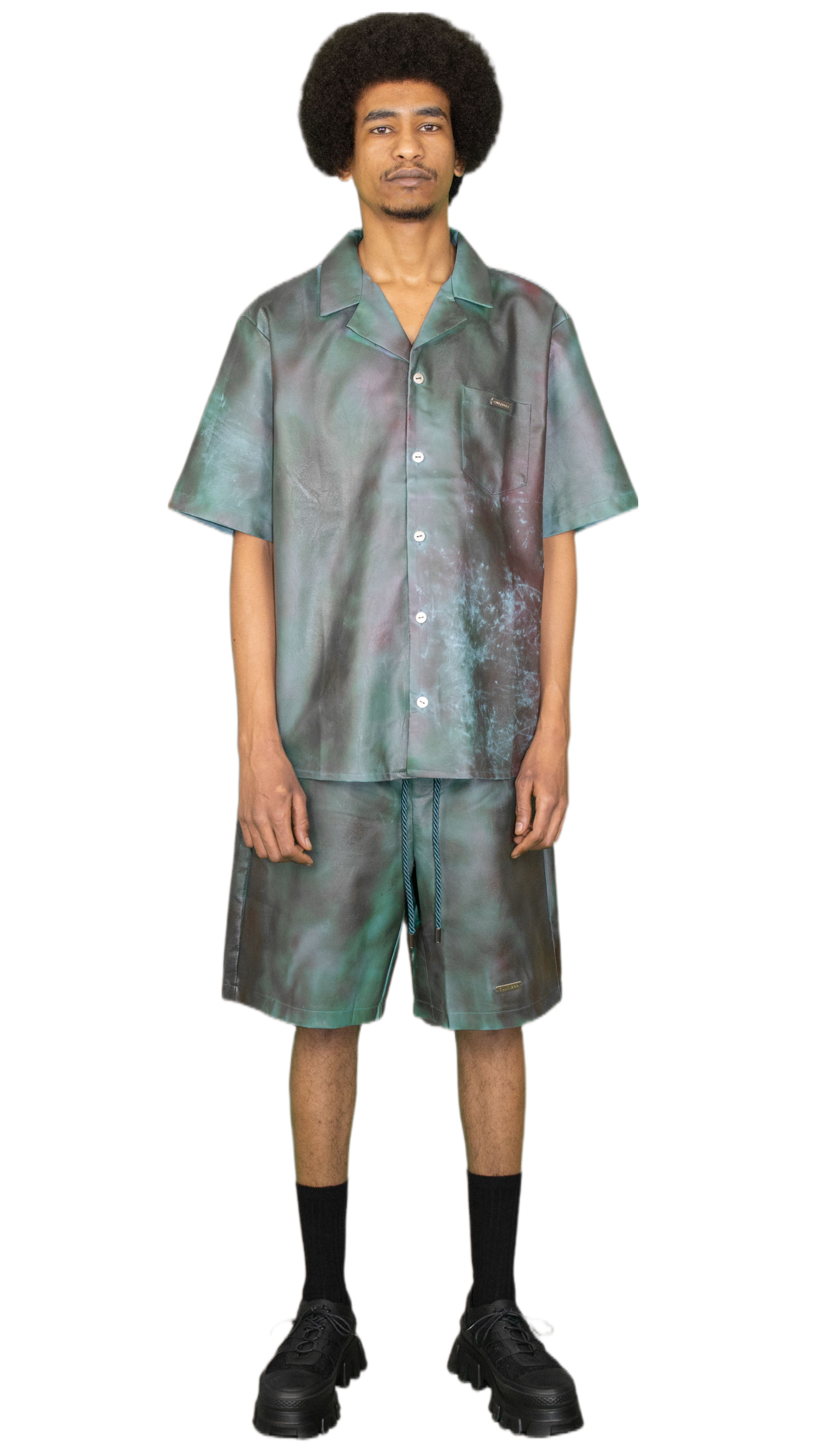 Sprayed print vegan leather shorts in green/brown - PHILADELPHIA
