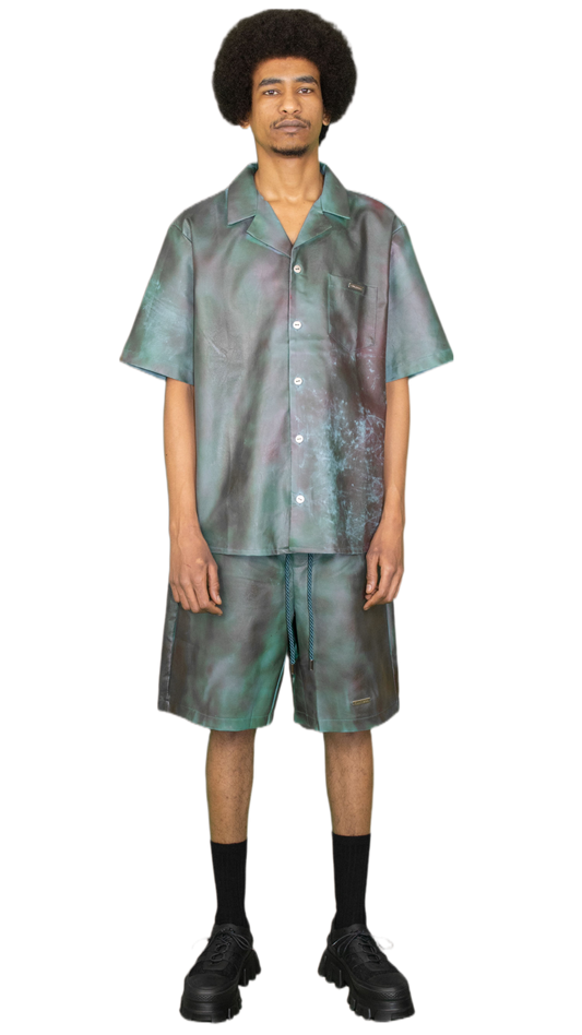 Sprayed print vegan leather shorts in green/brown - PHILADELPHIA