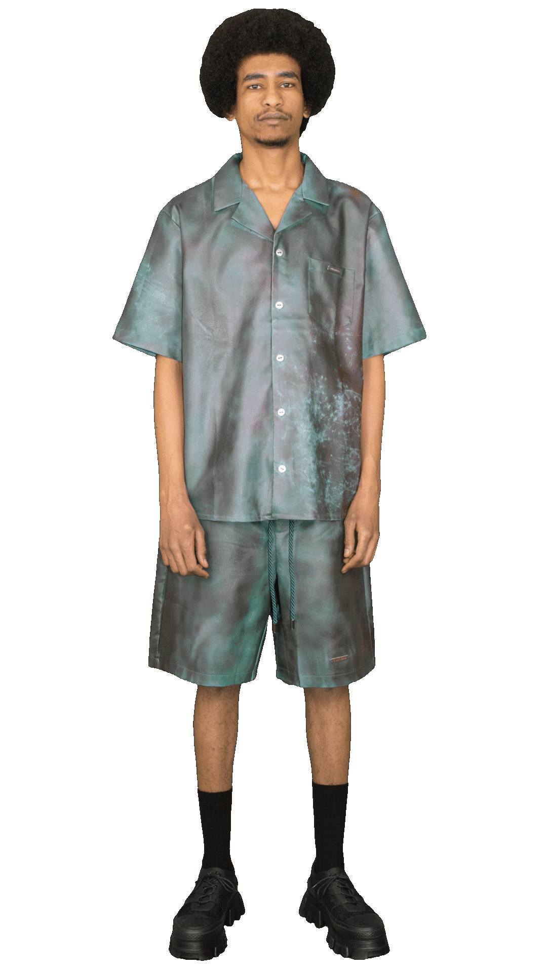Sprayed print vegan leather shorts in green/brown - PHILADELPHIA