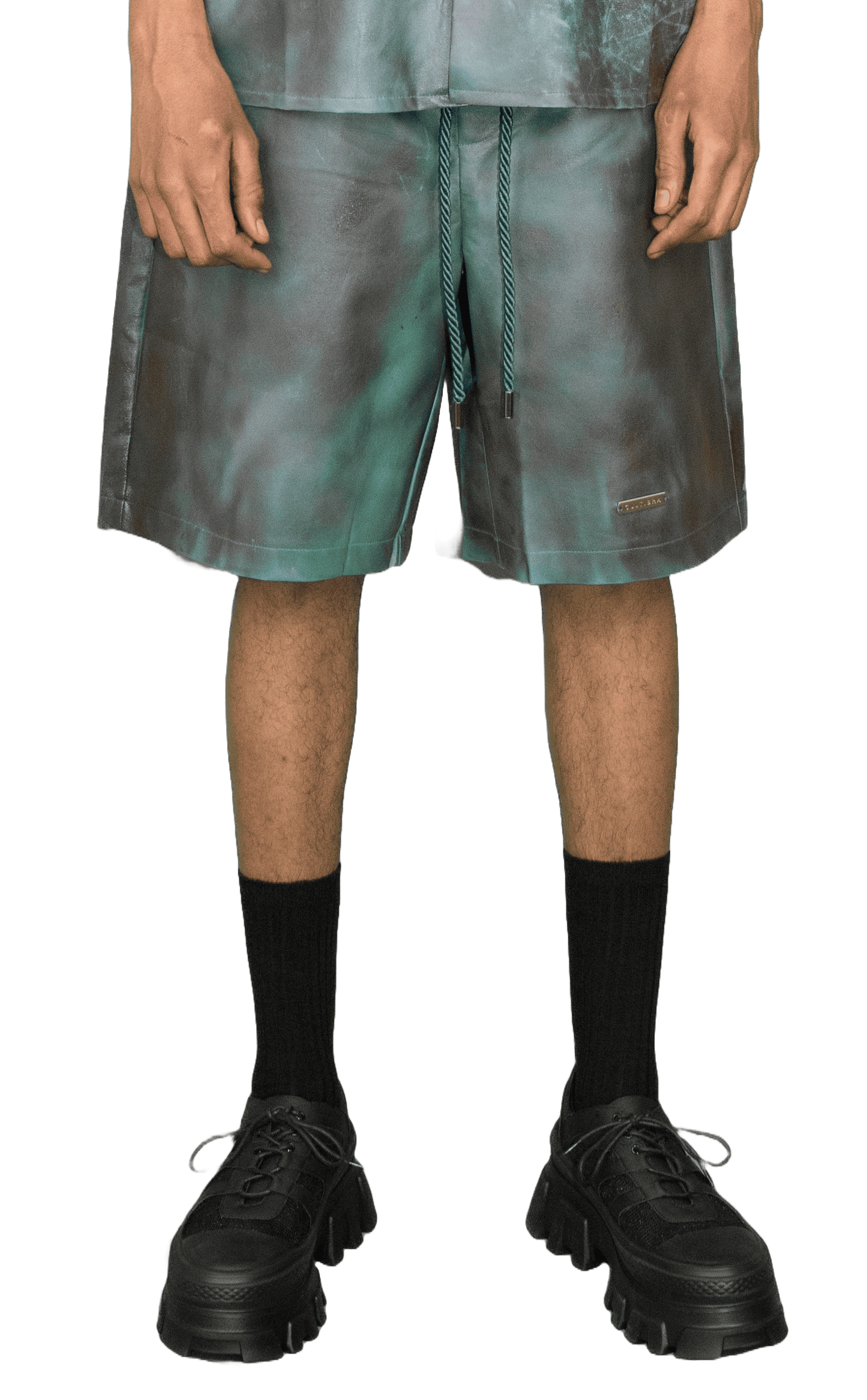 Sprayed print vegan leather shorts in green/brown - PHILADELPHIA