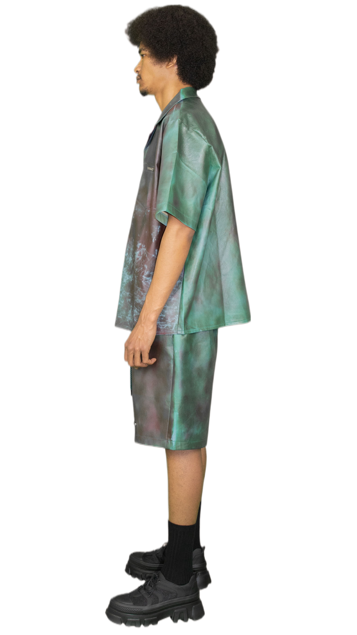 Sprayed print vegan leather shorts in green/brown - PHILADELPHIA