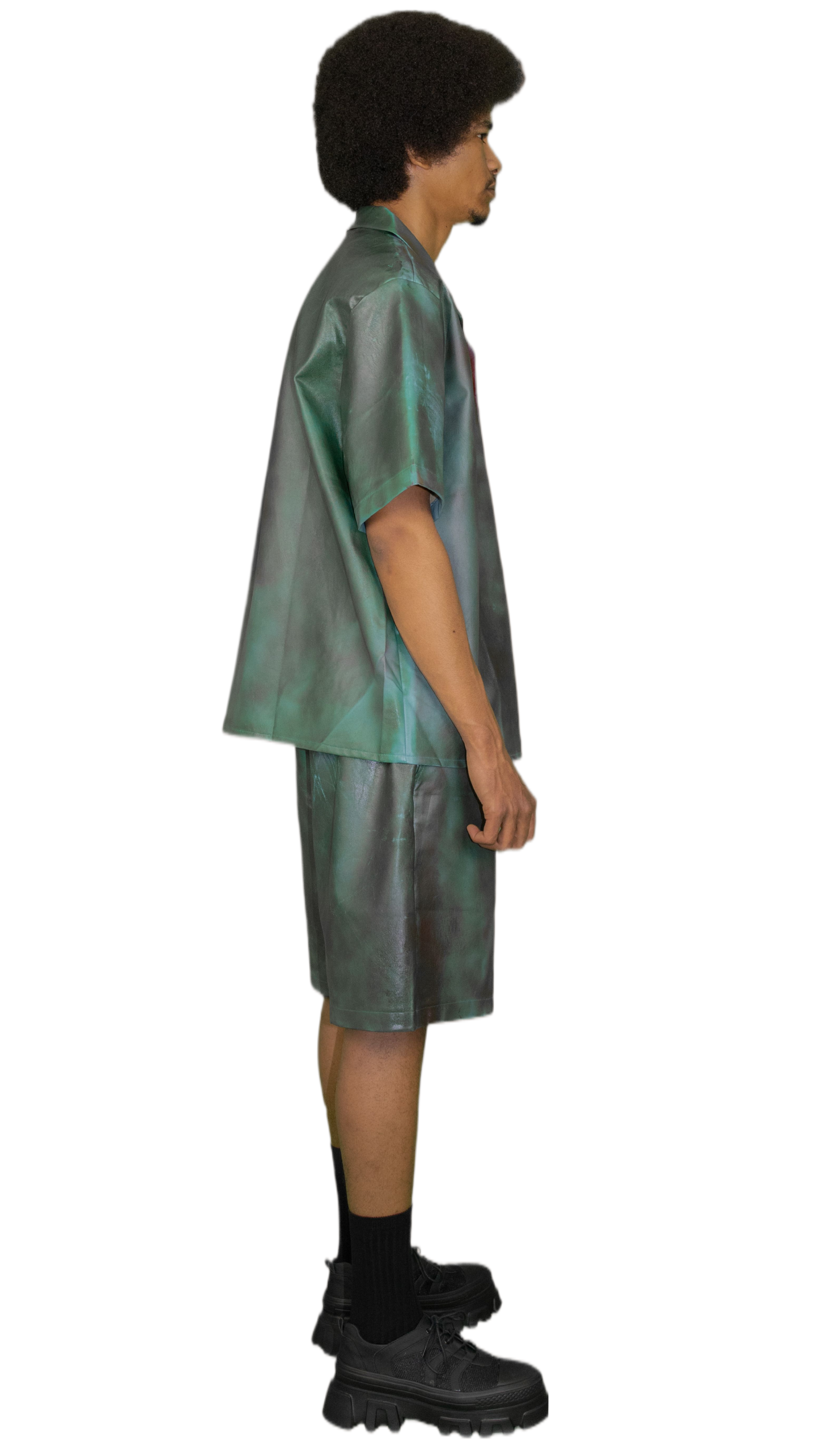 Sprayed print vegan leather shorts in green/brown - PHILADELPHIA