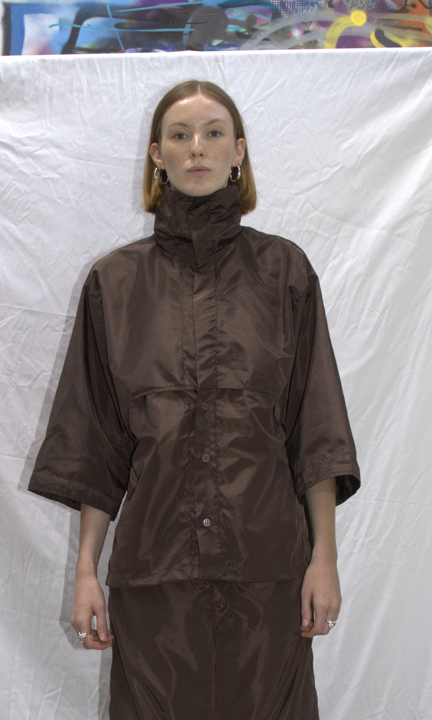 High neck hybrid zip shirt in brown - RUDNY