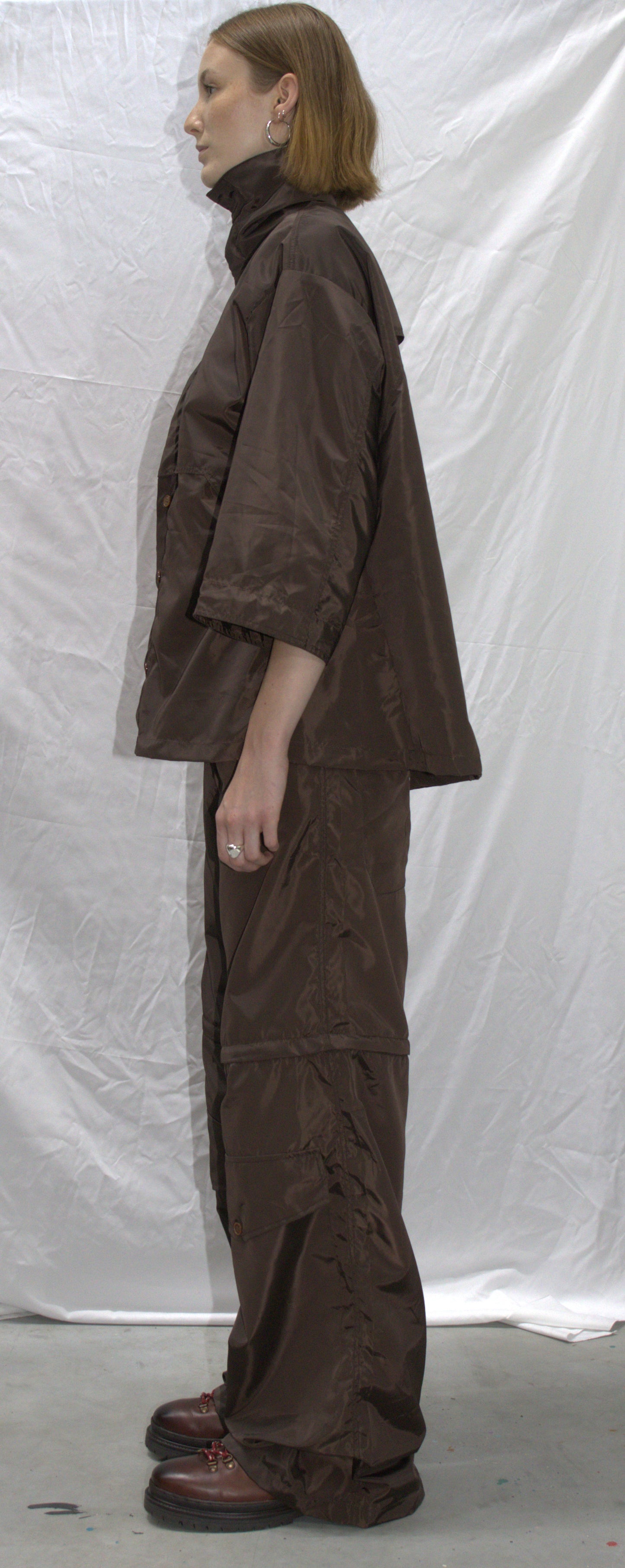 High neck hybrid zip shirt in brown - RUDNY
