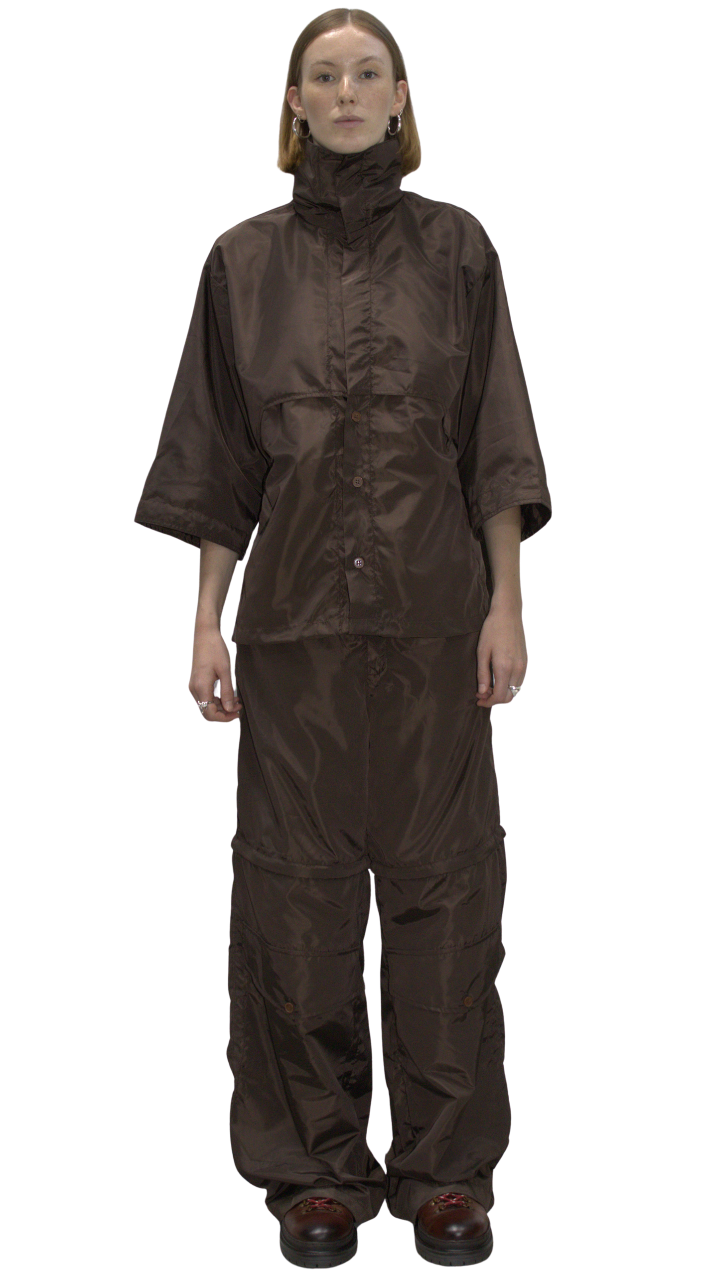 High neck hybrid zip shirt in brown - RUDNY