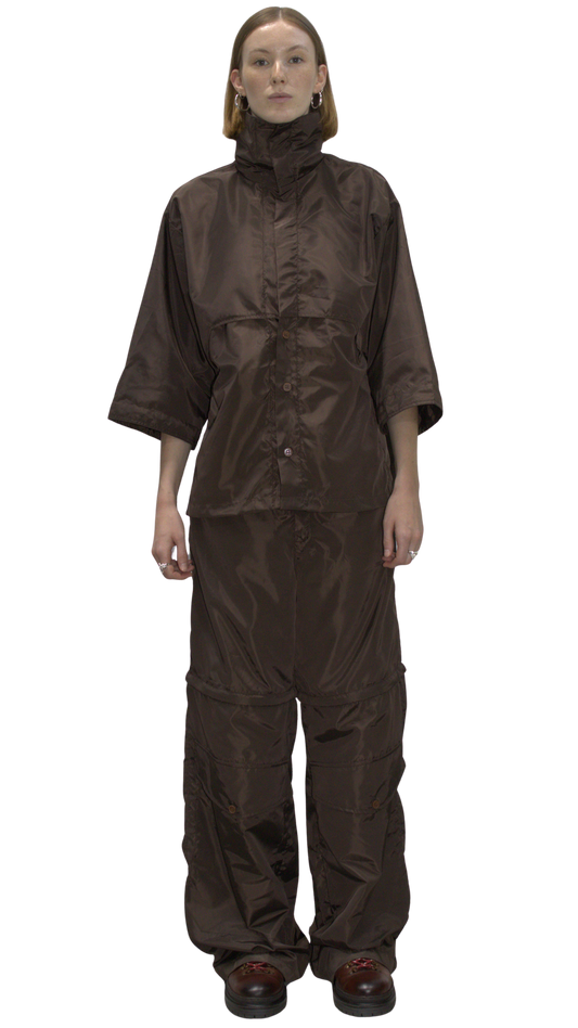 High neck hybrid zip shirt in brown - RUDNY