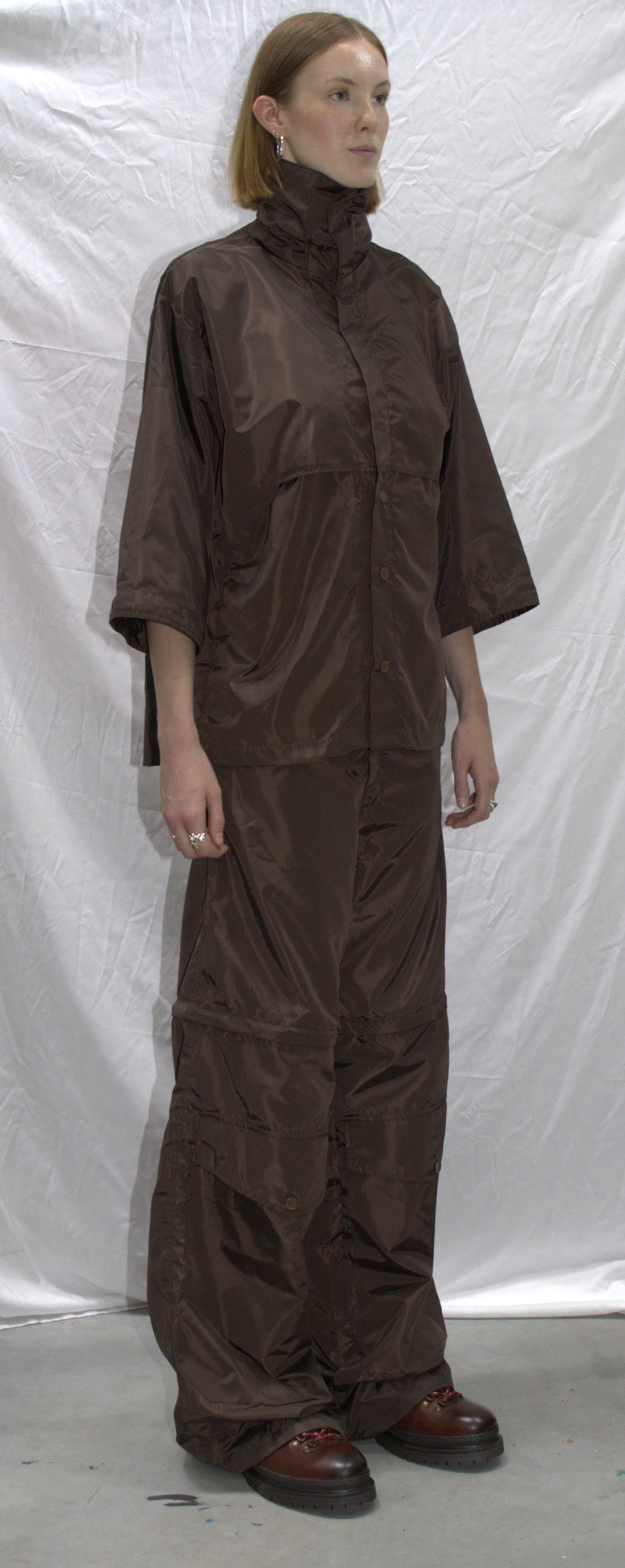 High neck hybrid zip shirt in brown - RUDNY