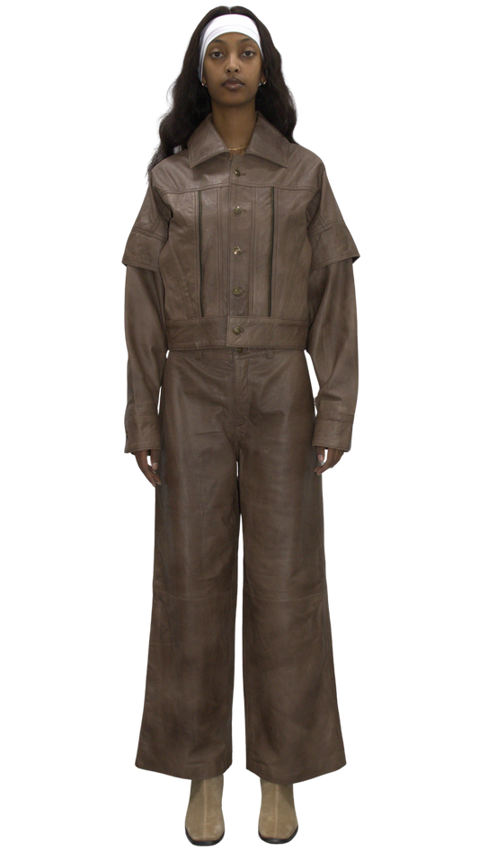 Overlay leather jacket in beige - KOSTANAI