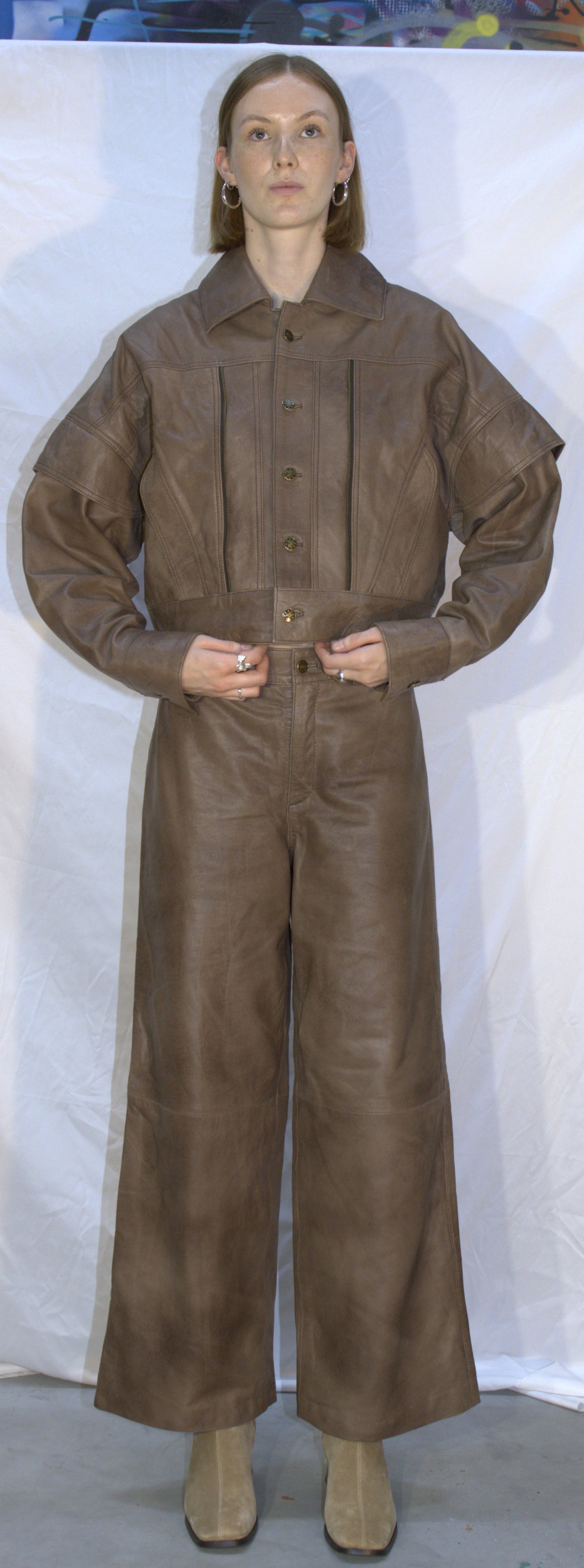 Panel flared leather pants in beige - KOSTANAI