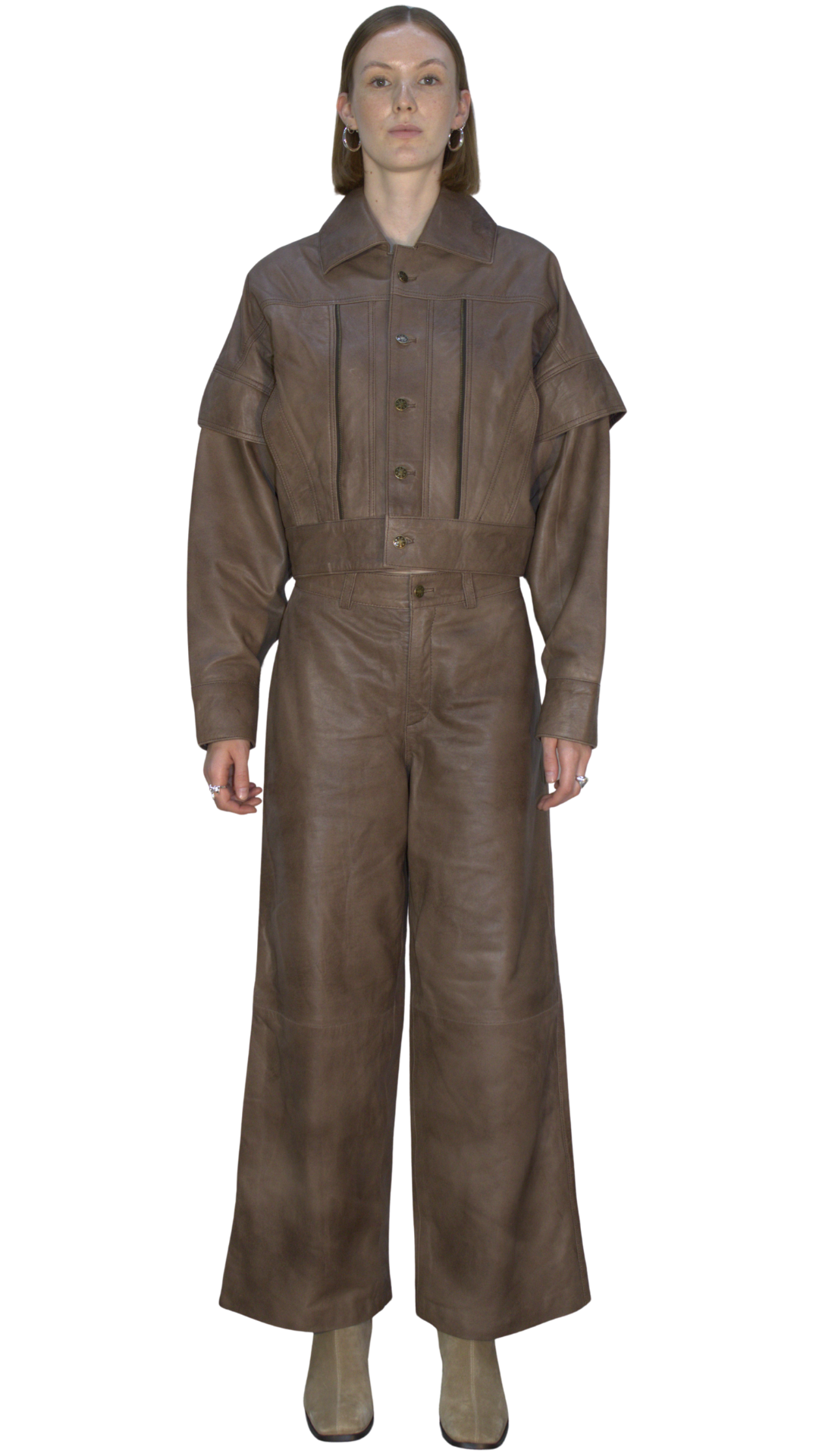 Panel flared leather pants in beige - KOSTANAI