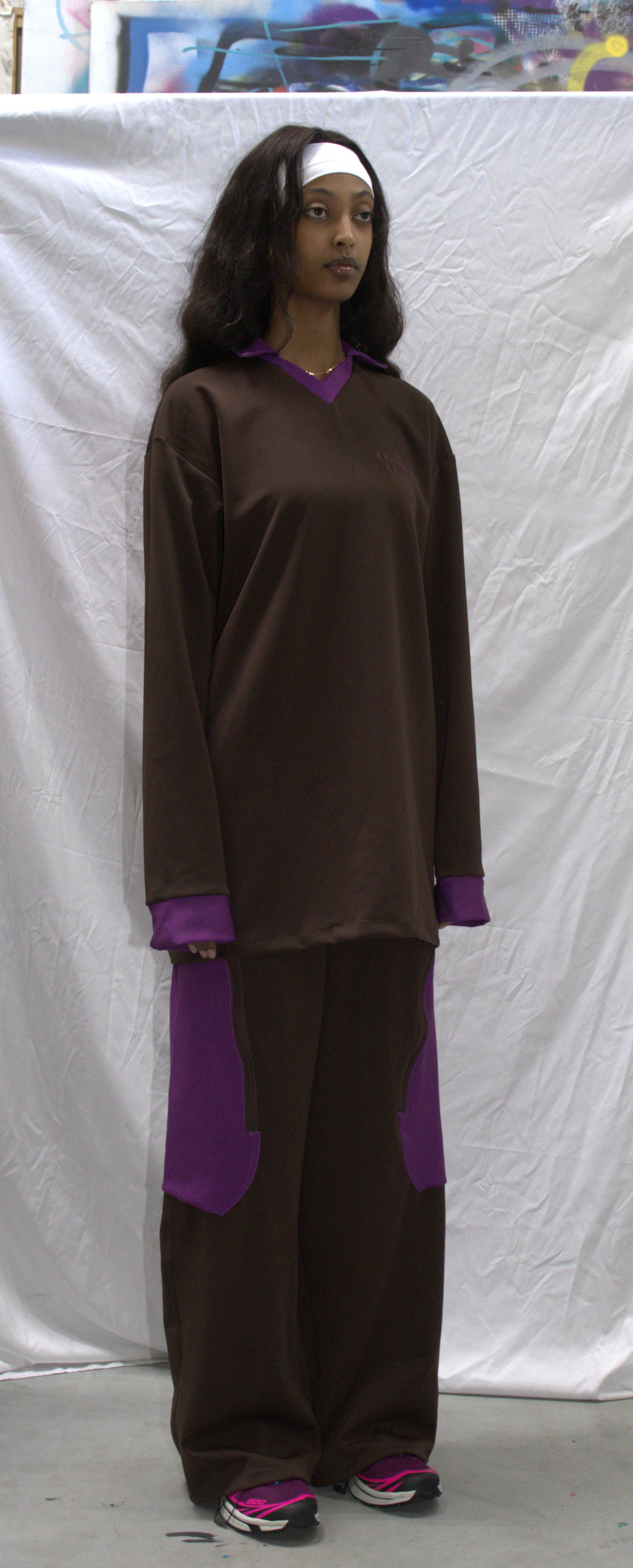 Technicut panel longsleeve in brown/lilac - SEMEI