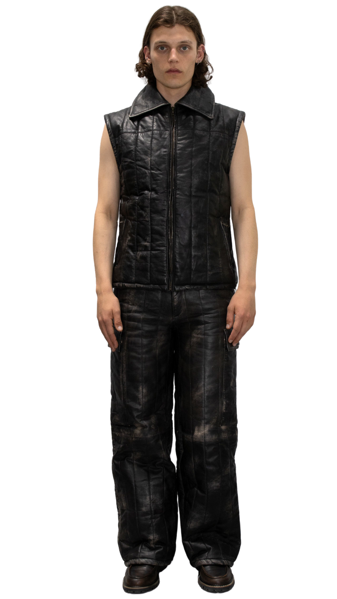Distressed cargo leather pants in gray/black - ASTANA