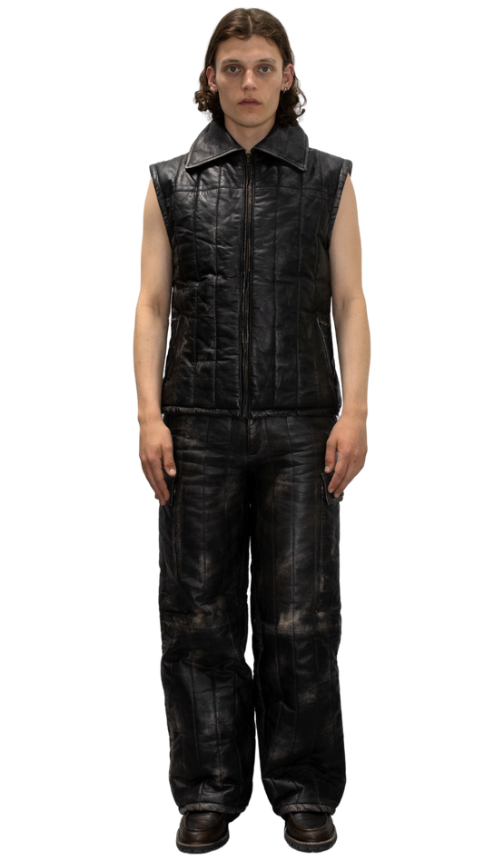 Distressed cargo leather pants in gray/black - ASTANA