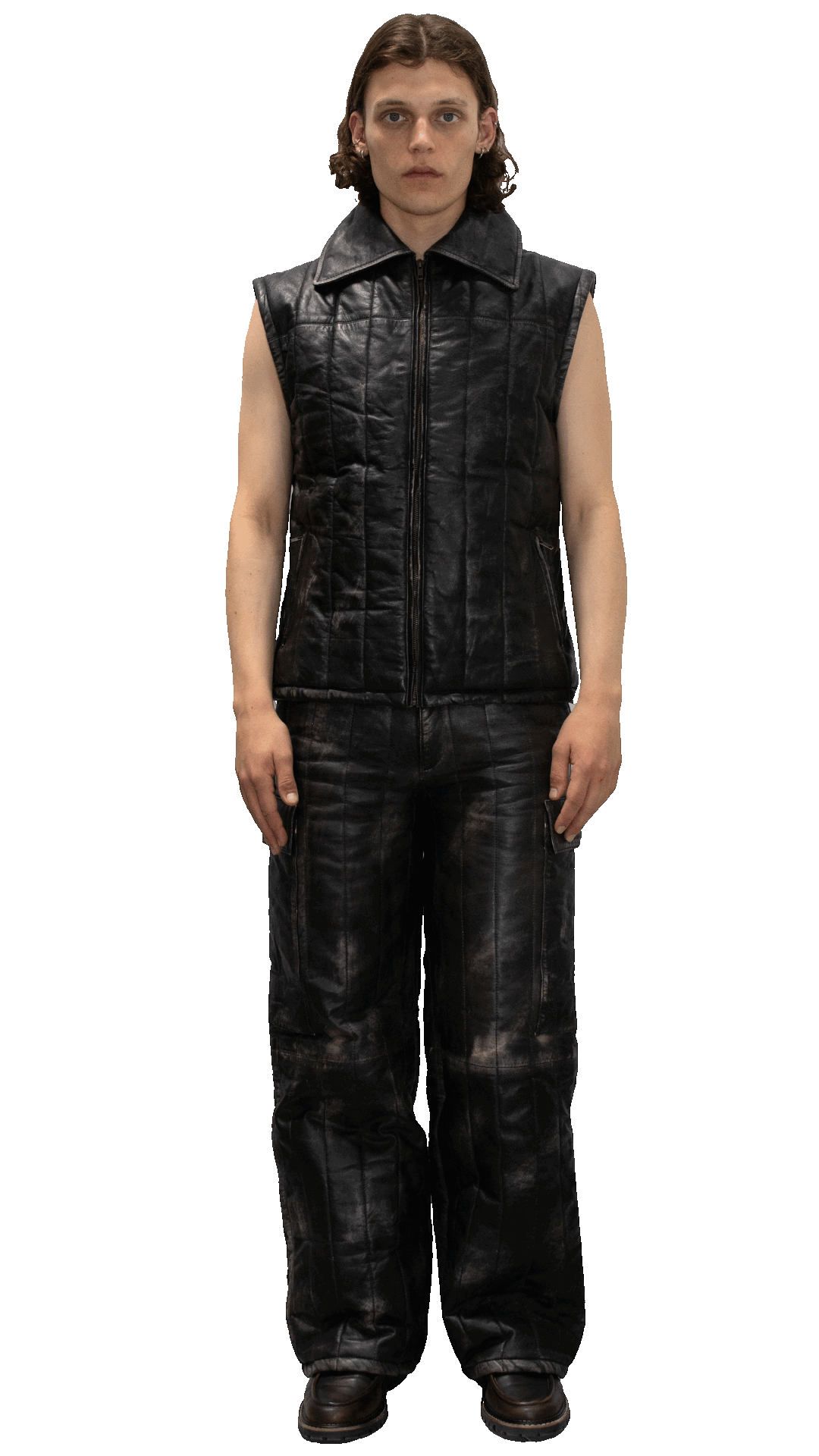 Distressed cargo leather pants in gray/black - ASTANA
