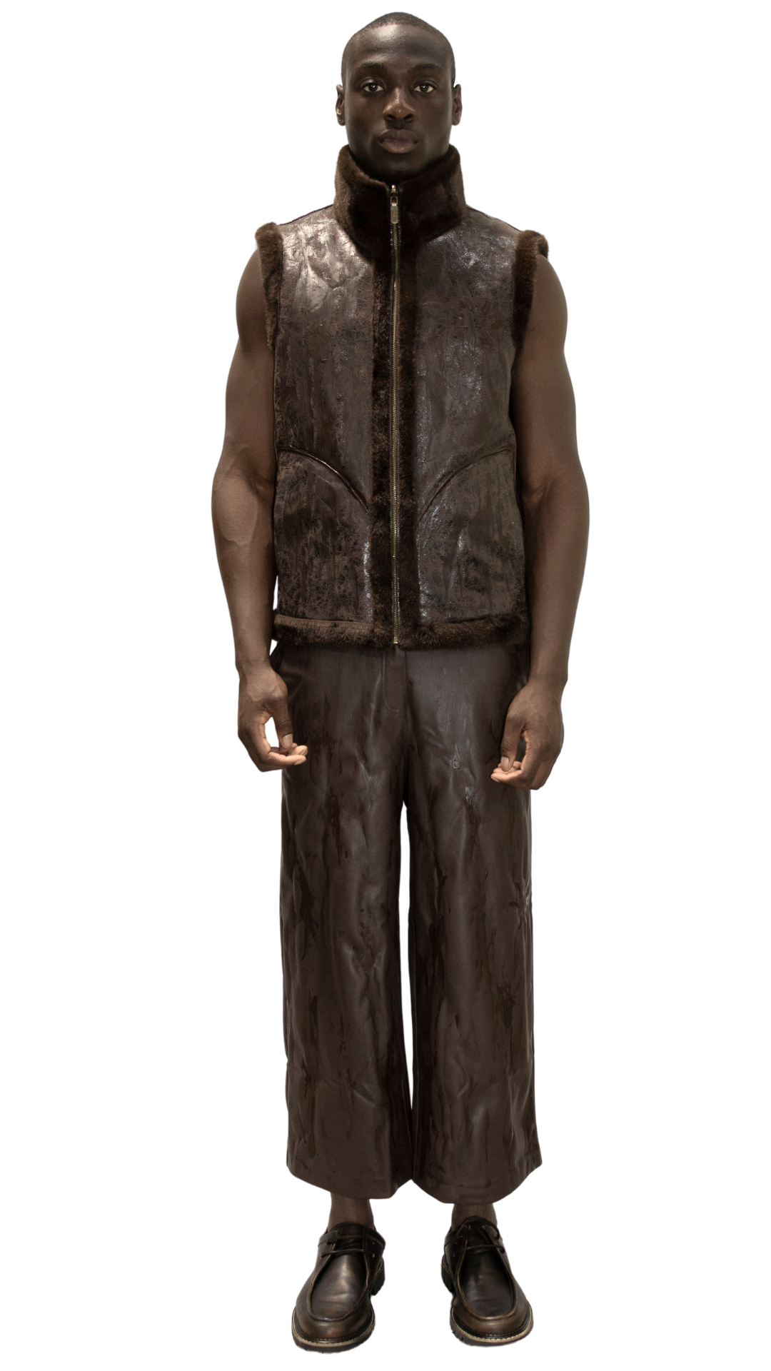 Long distressed leather shorts in brown - KARAGANDA